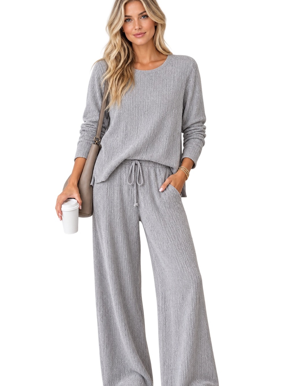 Zara Light Gray Ribbed Long-Sleeve Top with Wide Leg Pants size Medium